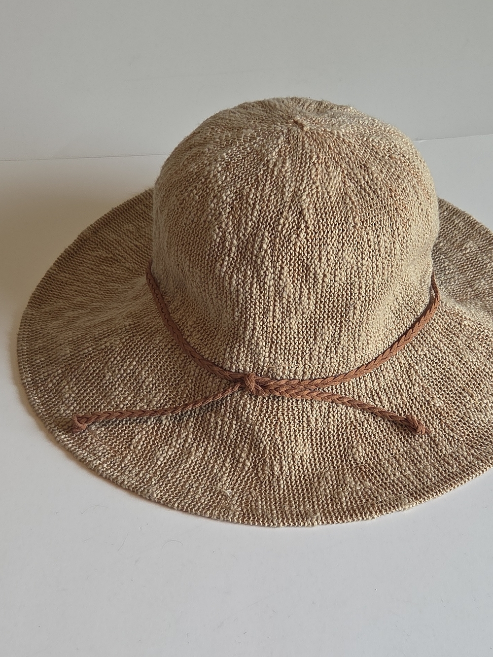 Falls Creek Braided Band Wide Brim Knit Straw Colored Hat in Natural Tan